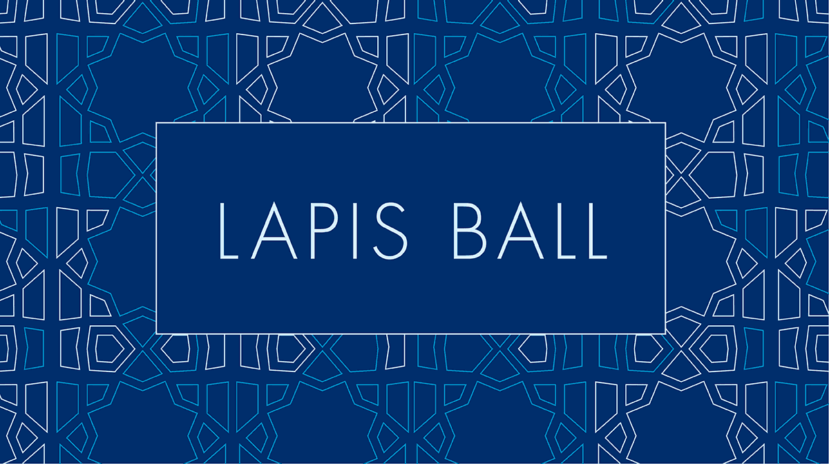 Dark blue background with lighter blue geometric linear pattern and the text LAPIS BALL
