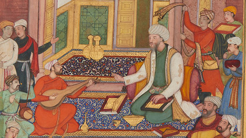 A colourful manuscript painting from 16th-century Iran showing a seated musician playing a lute-like instrument for members of a royal court.