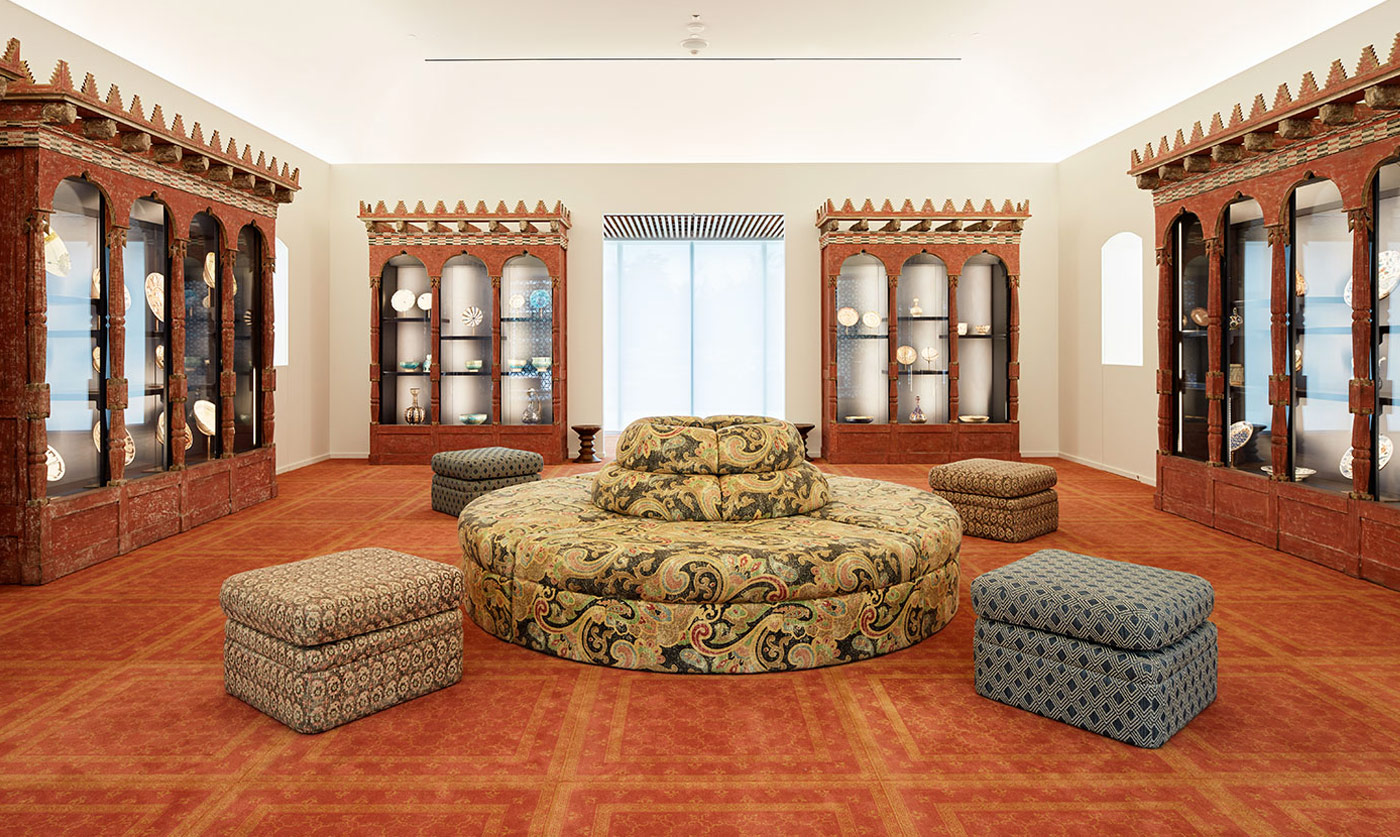 Located on the main floor of the Aga Kham Museum, the Bellerive Room displays a selection from the ceramics collection of the late Prince Sadruddin Aga Khan and Princess Catherine Aga Khan. The room is a recreation of the “La Chambre Persane,” or “Persian Salon,” in their home, Chateau de Bellerive in Geneva, Switzerland, where part of the collection was originally on display.