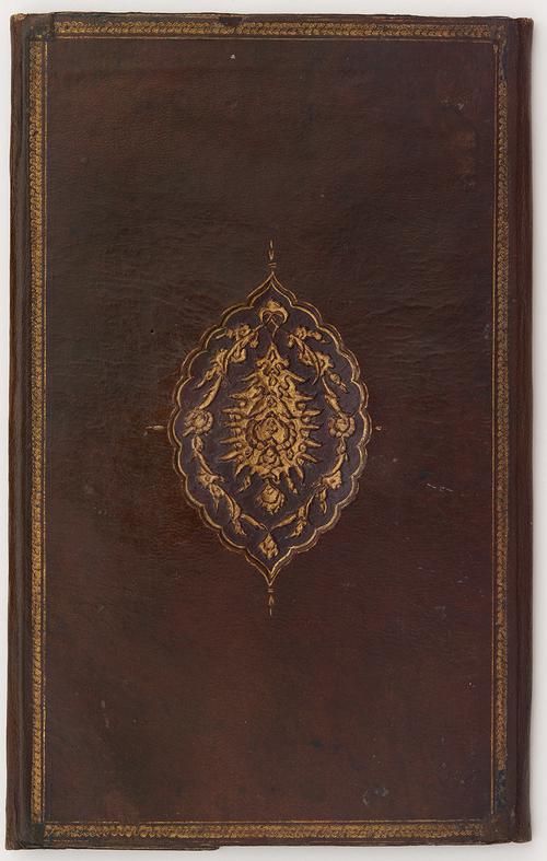 Back cover of bookbinding of dark brown leather. Cover has large embossed golden oval medallion with rope-like motifs in the centre. Faded golden coiled border lines the perimeter of the cover. Edges are worn.