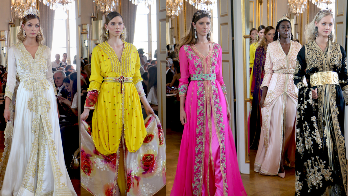 A collage of fashion models wearing beautiful embroidered kaftans in a palatial room.