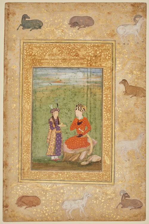 Folio page with an illustration depicting a man sitting on a rock in a field, while a youth in purple and gold presents a cup. The painting is enclosed by a wide tan-and-gold border decorated with birds and flowers. The margins are decorated with sheep, goats, and golden floral motifs.