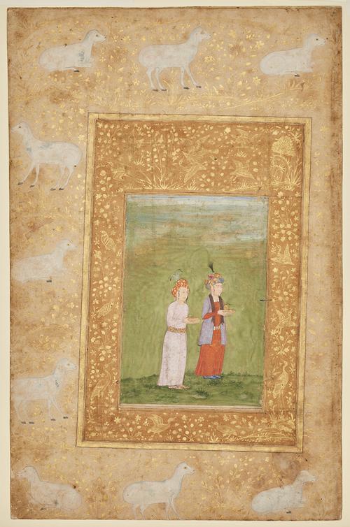 Folio page with an illustration depicting two young men walking in a grassy field, carrying dishes. One wears pale lilac robes and the other wears red and purple. It is surrounded by a wide tan border with golden flowers and birds, and the margins contain lambs and golden florals.