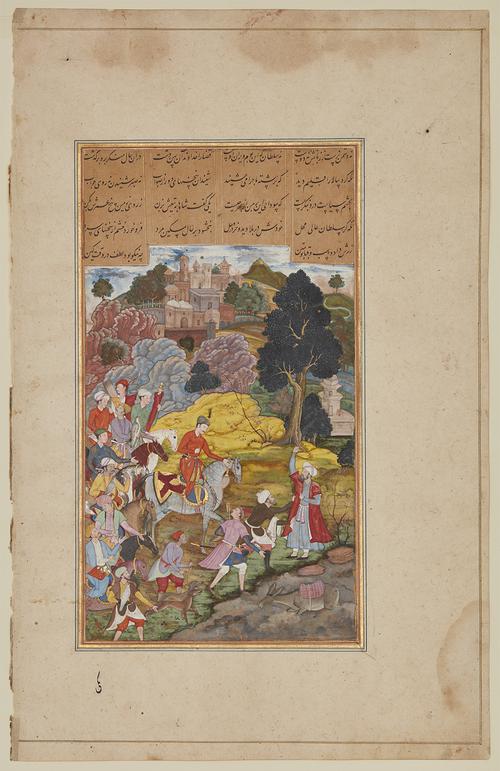 Folio page with four columns of text, with an illustration showing a man riding a grey horse accompanied by six riders, four walking figures, and two dogs. They approach a man standing on the right, above a resting donkey. Above, rocks and trees separate the scene from a distant palace.