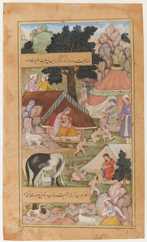 Illustration with two captions. At the centre is a woman breastfeeding an infant, with a nanny goat nursing a kid below her. On the right, two figures sit at other tents, and six naked infants play on the grass. There is a shepherd and more goats in the bottom right