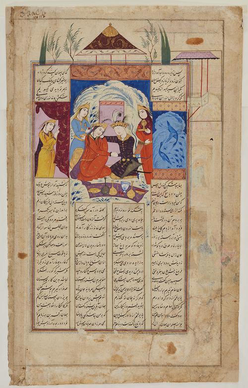 Folio page with four columns of text and a painting that extends into the left and top margins. It shows a man on a black horse entering a building, where six female figures look on. Lilac and peach patterns decorate the walls and fill spaces between text columns.