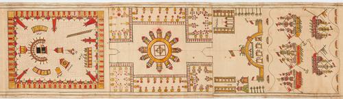 Second section of scroll, depicting Mecca with the Great Mosque shown as a rectangle, and details such as domed porticos, six minarets buildings representing the four legal schools of Islam, or the zamzam water bottles all converge around the Ka‘ba