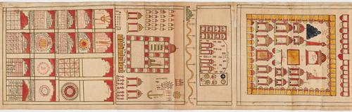 Fourth section of scroll, follows a section devoted to the seal of prophethood and other talismanic symbols, as well as prayers. This part is organized as a chart with square and rectangular units, and at times polylobed arched fields.