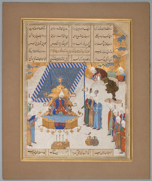 Painting depicting a man seated on a gold throne, addressing 3 figures. Nine other figures crowd the lower corners, while a horse and its handlers watch from the upper right. There are captions in the top and bottom left, and the image is enclosed in a gold rectangular border.