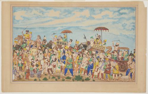 Painting depicting a busy scene where a king, seated on an elephant in the centre-right, proceeds with his entourage towards the left side. There are people riding elephants, camels, and horses, along with horse-drawn carriages, push-carts, livestock, and a variety of men, women, and children in various styles of dress.