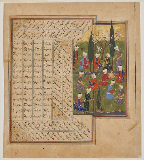 Folio page with four columns of horizontal text and two columns of angled text, surrounded on three sides by six boxes of angled text. Spaces between columns are filled with decorative triangles. A large illustration extends from the right, depicting 13 seated and standing figures conversing in a floral garden. 
