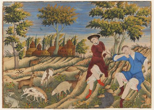 Painting depicting two shepherds resting on some rocks. One is wearing red and playing a flute, while the other, wearing blue, sits and listens. To the left is a small flock of sheep and goats. In the background there are trees and a small cluster of red-brown buildings.