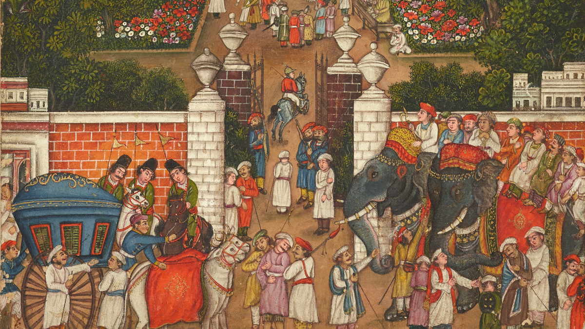 A painting shows a crowd of people, including two groups riding elephants, arriving at gates in a European style of architecture.
