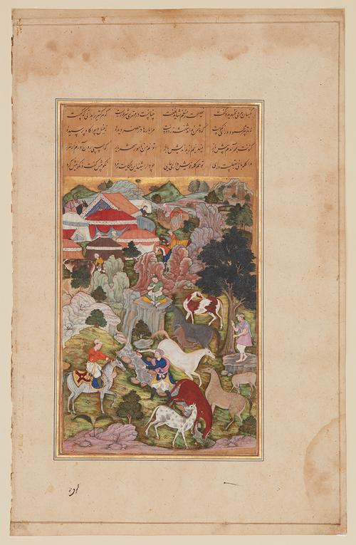 Folio page with 4 lines of black calligraphy, arranged in four columns on a tan background and enclosed by a lined border. Below is a painting of a hunting scene, with a red-robed figure riding a grey horse on the left, and pointing his bow at a man in blue.