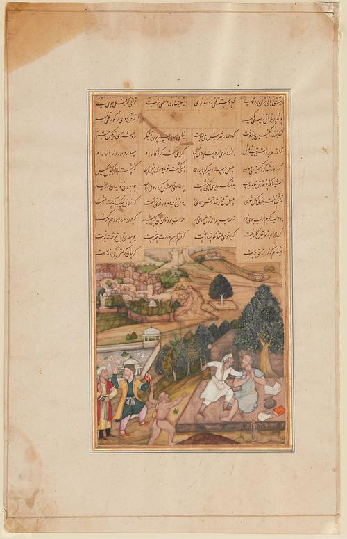 Folio page with 10 lines of black calligraphy arranged in four columns on a tan background. Below is a painting of a white-robed man attacking a sage on a hilltop. A naked man defends the sage, while two clothes figures watch. In the background is a palace and city.