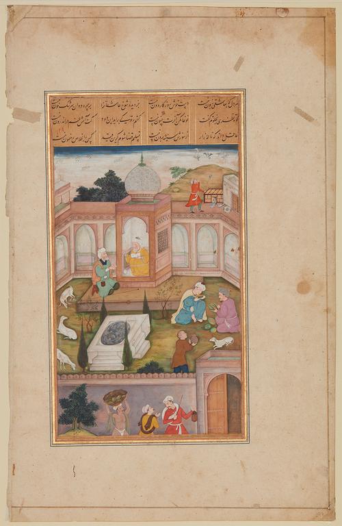 Folio page with 4 lines of black calligraphy arranged in four columns, set on a tan background. Below is a painting of a courtyard scene, with two sages conversing on a dais, and two more eating melons on the right of the image. Outside the walls, three servants walk by.