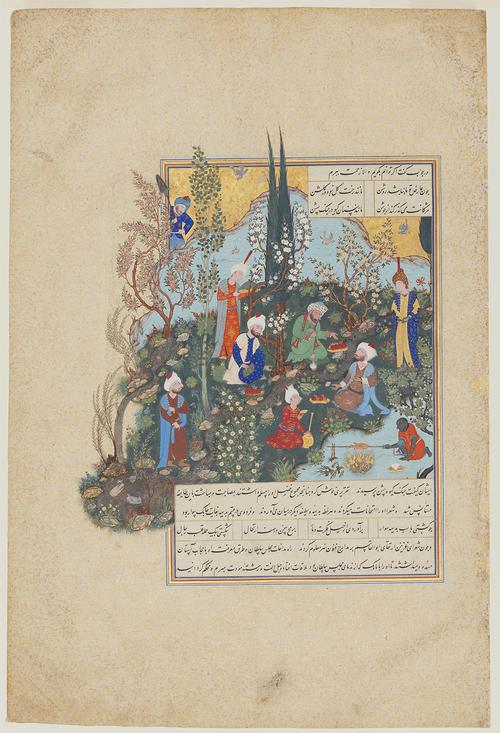 Illuminated folio illustration depicting nine figures in a garden, with text at the top right corner and bottom of the rectangular image plane which does not contain the illustration.