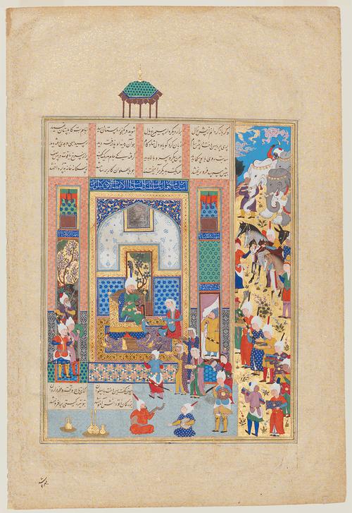 This illuminated painting vibrantly depicts the interior view of a grand pavilion, a seated figure on a throne holds the middle of the image, to the right, diagonal rows of horses, people and elephants are set along the right-hand side and are illuminated with gold, there are four columns of script at the top left-hand side.