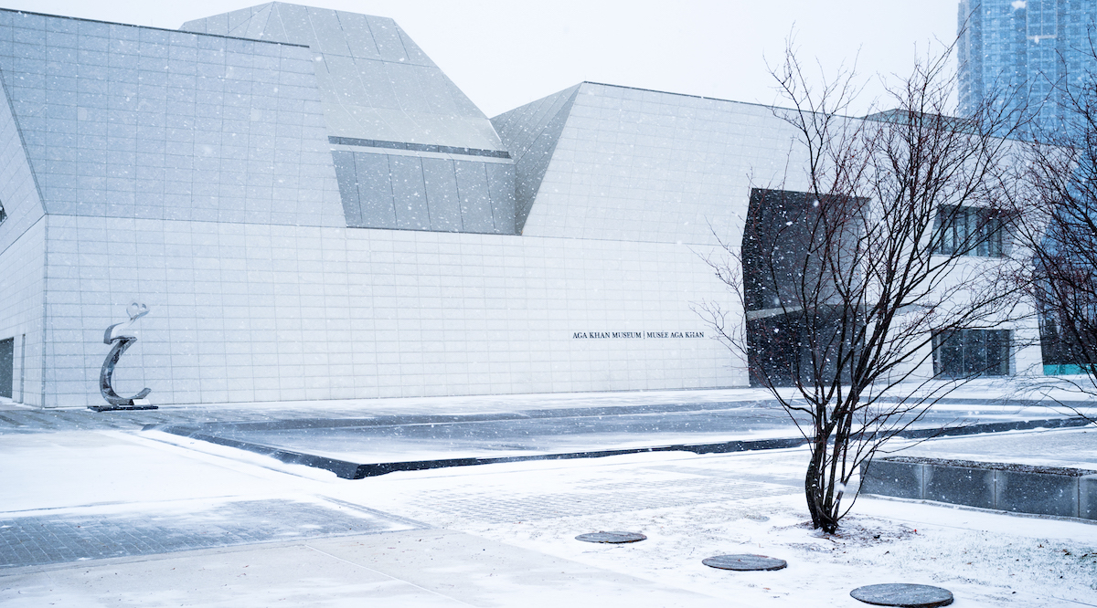 The west façade of the Aga Khan Museum in winter.