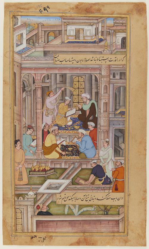 Interior scene of a court atelier, with artists, calligraphers and paper-makers at work.