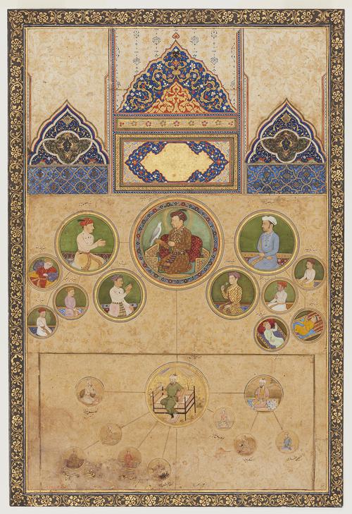 Separate paintings and illuminated panels mounted onto new folio, depicting two genealogies of selected male figures from the house of Jahangir, the fourth emperor of Mughal India. Images of the male figures are depicted in small round portraits. 