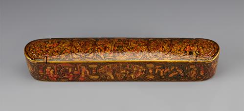 Rectangular Pen box with rounded ends, every surface, including the interiors, the ends, and bottoms of each compartment, is covered with minute paintings depicting royal audience scenes of legendary and historic kings of Persia.