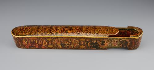 Rectangular Pen box with rounded ends, view of the sliding compartment open. Every surface, including the interiors, the ends, and bottoms of each compartment, is covered with minute paintings depicting royal audience scenes of legendary and historic kings of Persia.