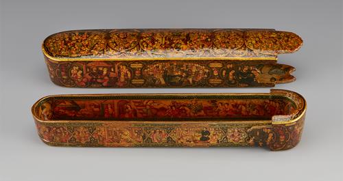 Rectangular Pen box with rounded ends, view of the sliding compartment removed from the box. Every surface, including the interiors, the ends, and bottoms of each compartment, is covered with minute paintings depicting royal audience scenes of legendary and historic kings of Persia. 