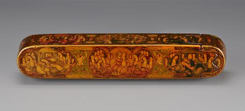 Rectangular Pen box with rounded ends, view of the bottom and one side of the sliding compartment depict scenes from the story of Bahram Gur and slave girl Fitnah hunting accompanied by rhyming couplets.