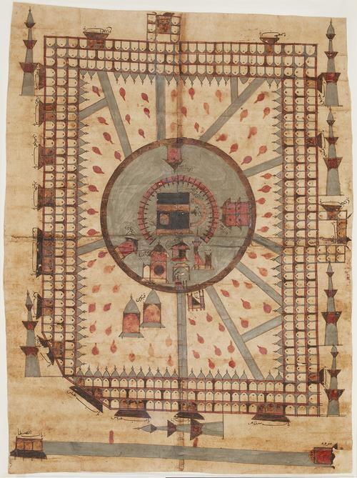 Two-dimensional birds eye painting of Mecca, depicted in a simple colour palette with concentric organization. Small black inscriptions label relevant architectural elements and buildings.