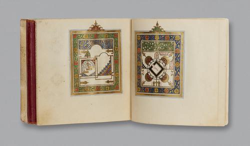 The manuscript is bound in a red morocco leather binding with a flap, and embossed with a gilt geometric interlacing star-design.  View of the book open to a two page spread, each side has a text-block that is decorated with a floral and calligraphic composition.