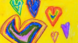 Multicolour hearts painted on a yellow background.
