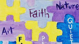A yellow, purple and blue puzzle with the words "Art", "Faith, and "Nature" written on it.