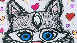 A husky with blue eyes on a white background surrounded by pink, purple, and red hearts.