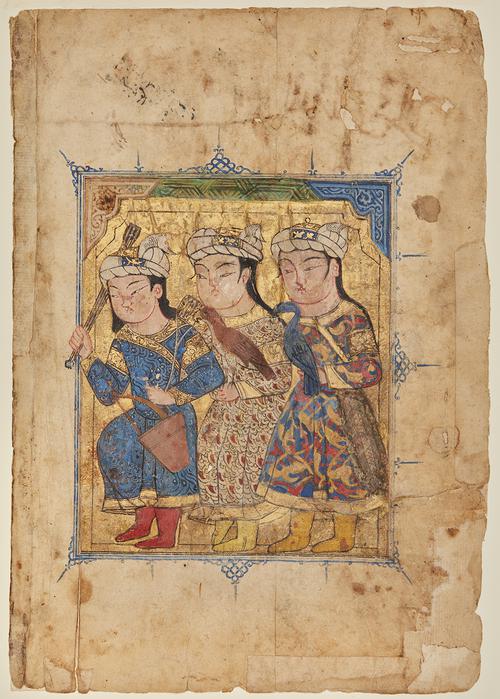 Ruled painting with blue ruled boarder, a gold-filled cartouche with illuminated corner pieces on the top corners surround three well-attired young men dressed, in a row facing left wearing  patterned silk tunics ready to go out hunting carrying hunting equipment such as bows and arrows.