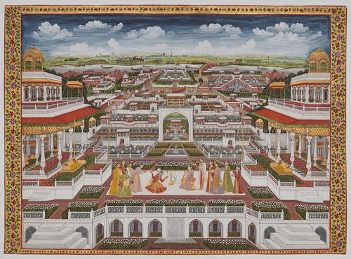 Topographical style painting of a city. In the foreground, a court yard with women watching a dancer balancing a flask on her set, set between two large white buildings with columns. In the middle and background, an perspective view of a city. 