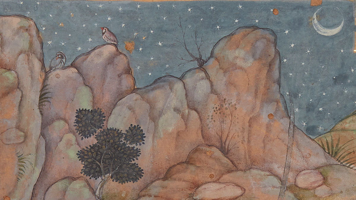 Two birds sit atop craggy boulders on a starry night with a crescent moon.