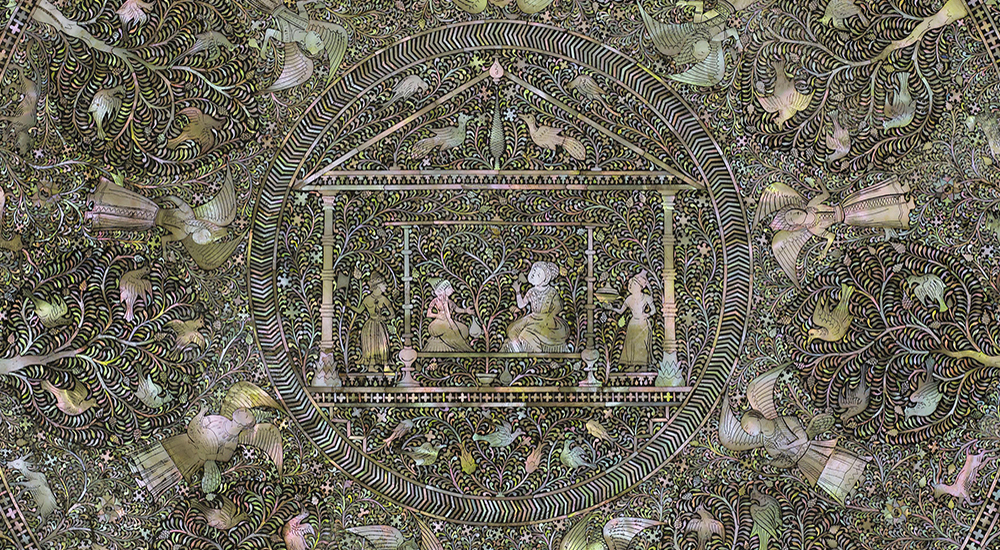 On this tray in the Aga Khan Museum's Collection, nine angels encircle a pavilion where a male figure sits, drinking from a small cup. A woman sits opposite, perhaps offering him wine. The pair is attended by servants, one waving a fly whisk, and one bearing a covered dish.