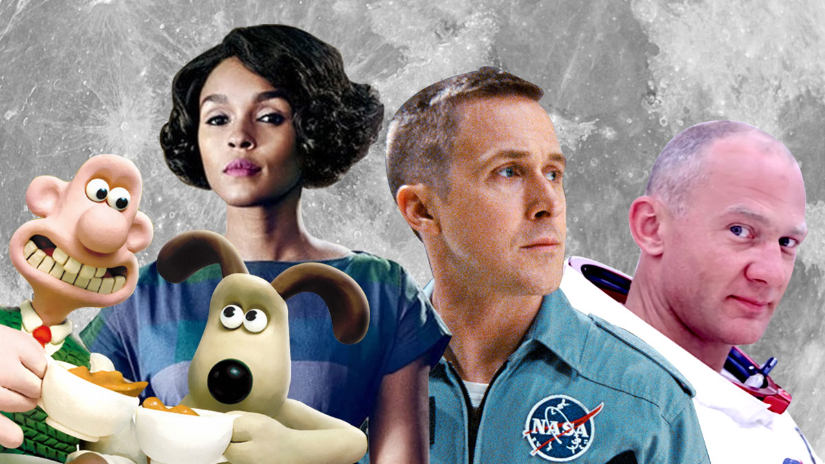A collage of Wallace and Gromit, Janelle Monae, Ryan Gosling, and Buzz Aldrin against the moon.