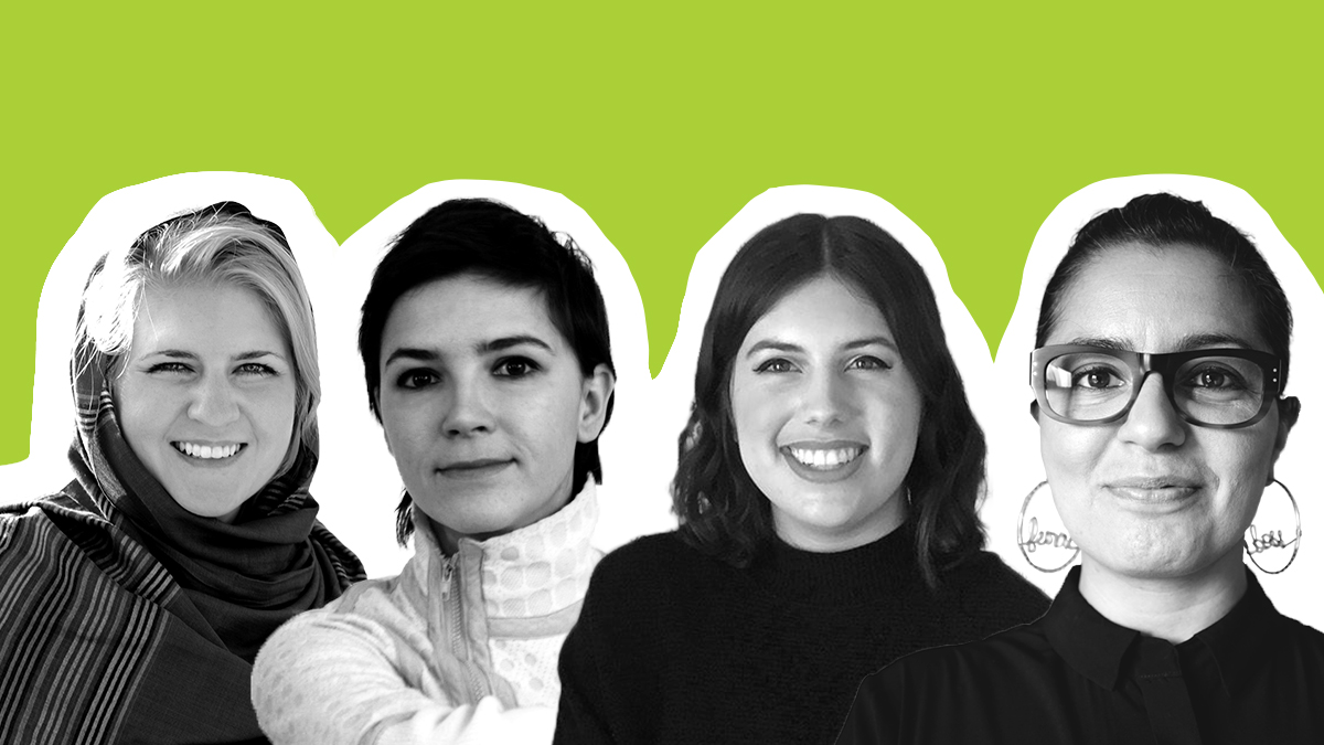 The faces of Lauryn Oates, Azra Akšamija, Alia Youssef, and Meera Sethi against a green background.