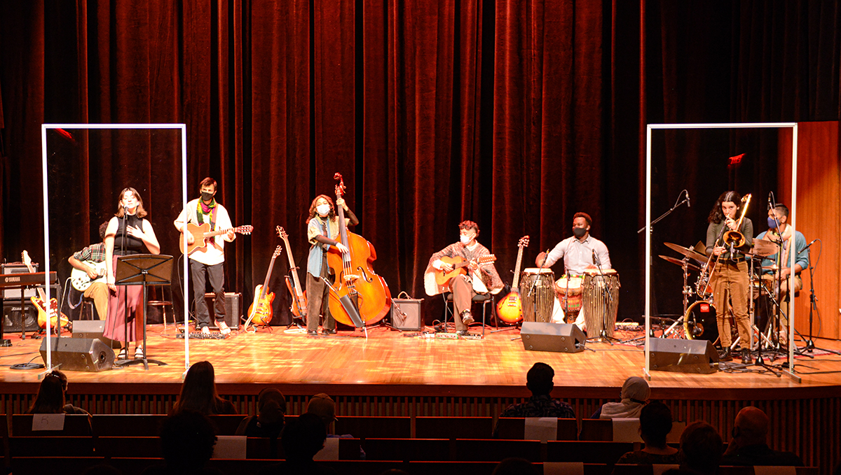 Humber College music students performing on stage in the Aga Khan Museum's auditorium.