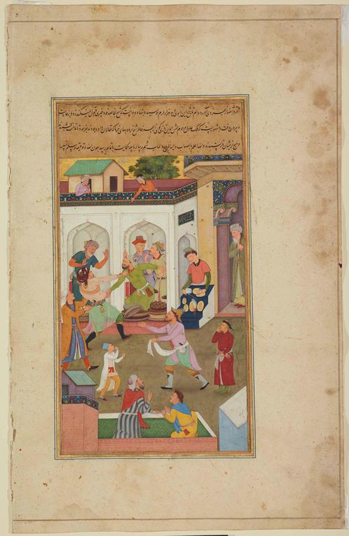 Beige folio page with 3 lines of black calligraphy on a tan background, enclosed by a multi-coloured lined border. Below is a painting of a market scene, where a fruit seller is pulled into a fight with a customer. 13 figures (customers, vendors, and passersby) react to the scene.
