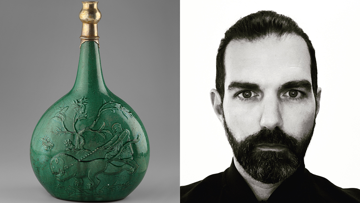 On the right, a green stonepaste bottle with a gold top and man taming a lion on the face of it; on the left, a headshot of Aga Khan Museum Dr. Michael Chagnon