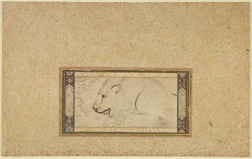 Small horizontal drawing depicting a resting lion seemingly squeezed between two golden-lined and gold-flecked borders, the drawing is placed on a large gold flecked page.
