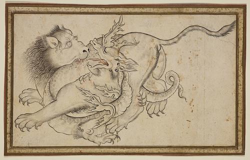 Drawing Surrounded by a think gold flecked boarder of a struggle between a lion and a dragon. The dynamic motion and violence make it difficult to differentiate the two animals’ bodies.
