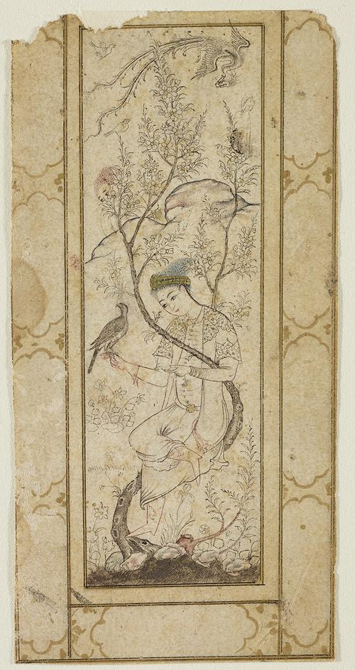 Drawing of a young falconer sitting in a tree with a falcon perched on his hand, while a simurgh or mythical bird that soars above. Tall rectangular drawing is surrounded by a large boarder. 