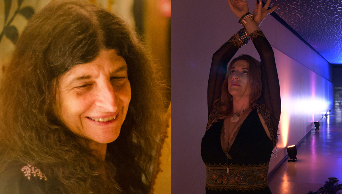 Left photo: A woman with long, thick brown hair smiles; on the right, a woman in a black dress with sheer sleeves crosses her arms above her head while she dances flamenco