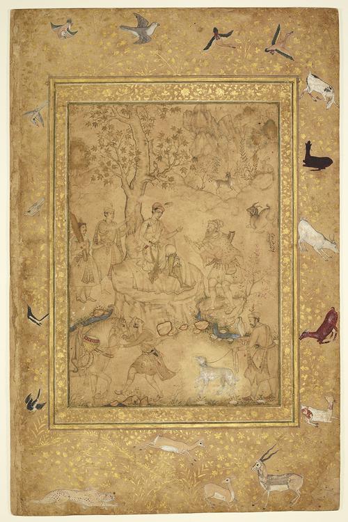 Drawing of a landscape with multiple figures, animals and foliage. Main figure sits under a tree while others have their attention turned to him. The drawing is surrounded by gold illuminated boarders, and outside of the boarders the paper is illuminated with floral elements and colour drawing of animals.