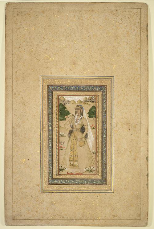 Drawing of a woman standing in a dress in an outdoor landscape, trees and buildings can be seen in the background. Multiple illuminated boarders surround the image, set in the centre of a rectangular folio page.