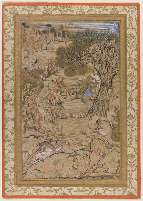 Drawing depicts an outdoor hunting scene, the main focus is of a figure kneeling holding a blindfolded cheetah’s head while two figures grip its rear legs. In the landscape there are many other figures, animals, trees, and a city in the left top corner.